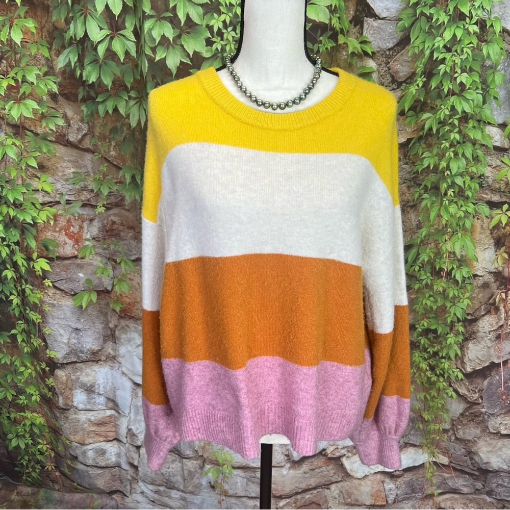 MADEWELL Yellow/Orange Striped Wool Blend Gladwell Balloon Sleeve Sweater, S - Picture 5 of 14